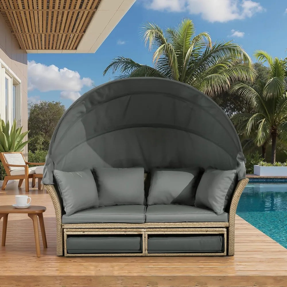 Outdoor Canopy Bed Patio Daybed with 4 Pillows, Wicker Rattan Double Daybed Round Sofa Furniture Set with Retractable Canopy
