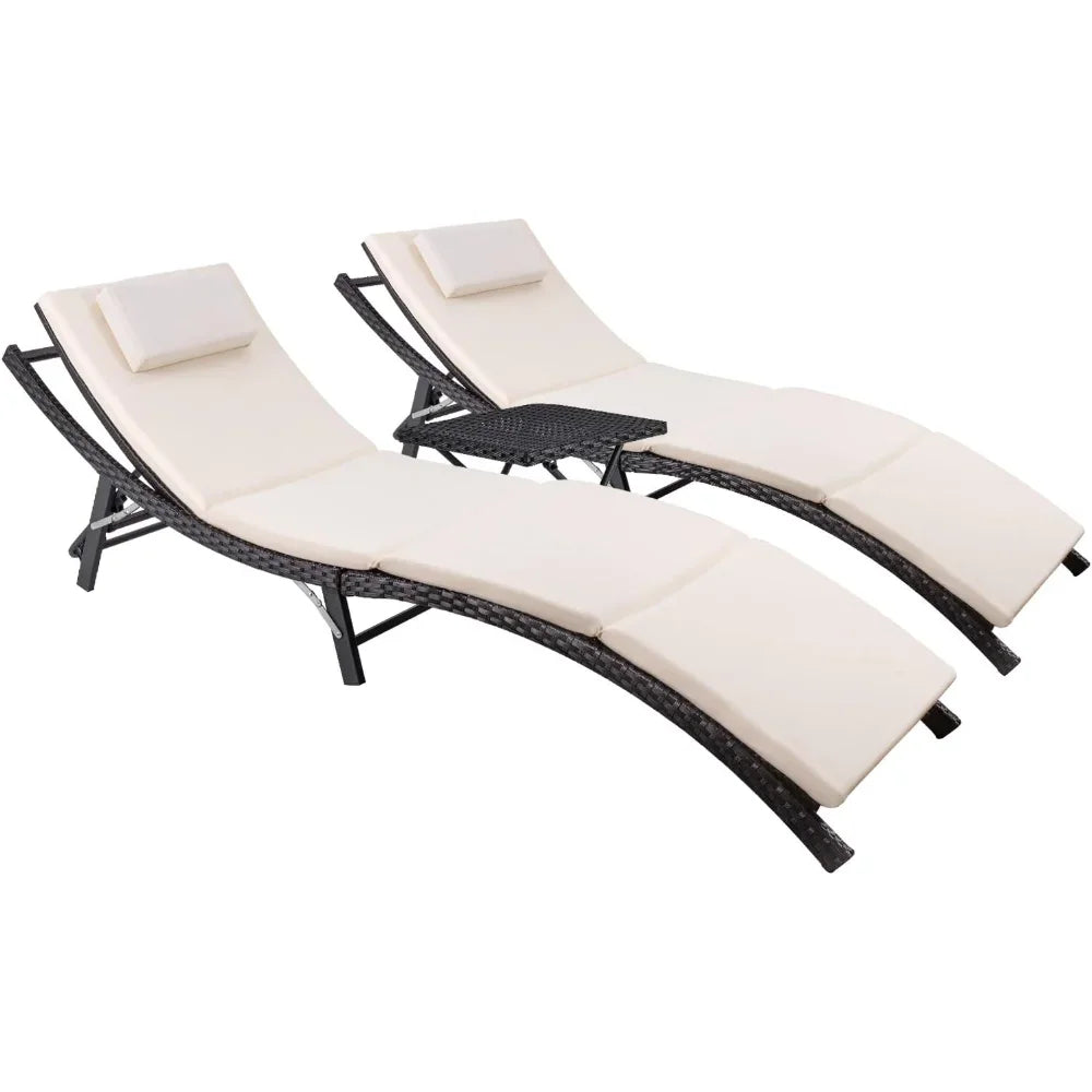 Patio Chaise Lounge Sets Outdoor Rattan Adjustable Back 3 Pieces Cushioned Patio Folding Chaise Lounge with Folding Table - Jimmys Supplies