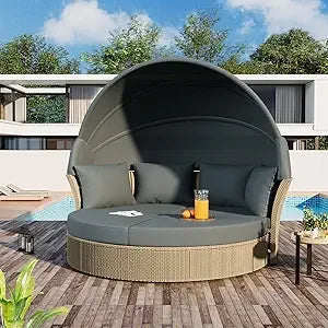Outdoor Patio Daybed Wicker Rattan Double Daybed Round Sofa Furniture Set with Retractable Canopy, 4 Pillows for Lawn Garden Ba