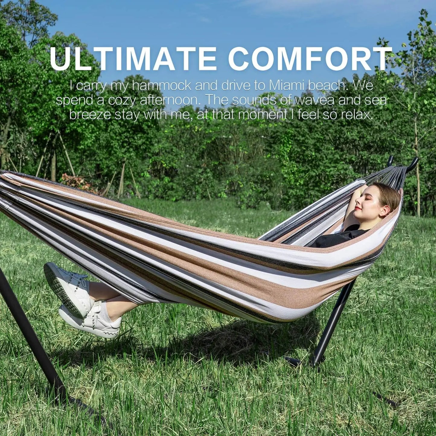 Double Hammocks with Stand for Outside, Portable Space Saving Heavy-Duty Steel Stand for Indoor Outdoor Patio with Carrying Bag
