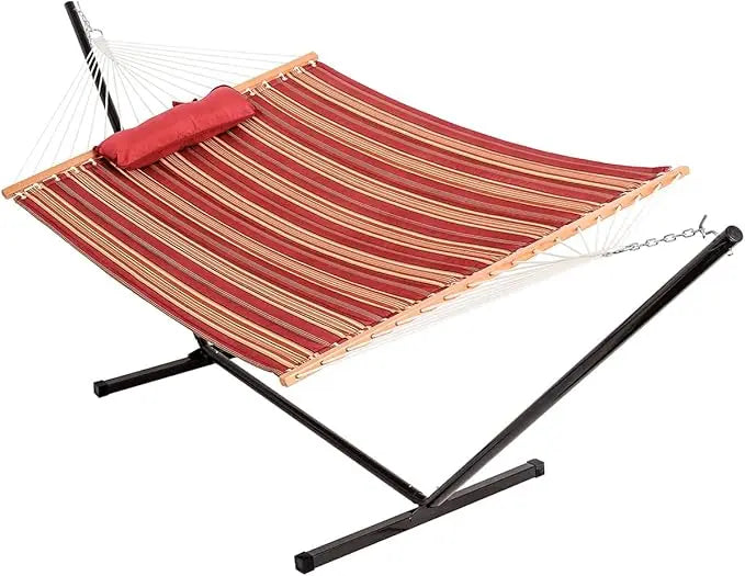 Quilted Fabric Hammock with 12 Feet Stand Double Hammock for Two People Indoor Outdoor Patio Garden - Jimmys Supplies