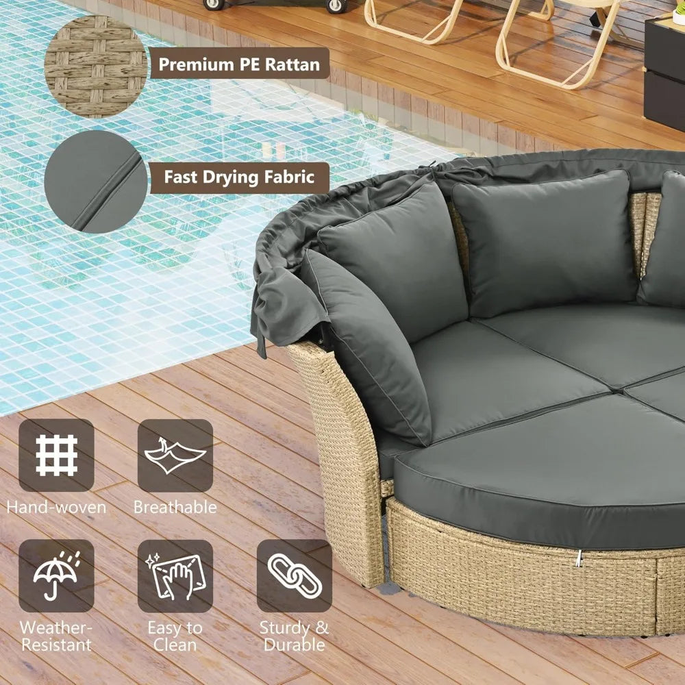 Outdoor Canopy Bed Patio Daybed with 4 Pillows, Wicker Rattan Double Daybed Round Sofa Furniture Set with Retractable Canopy