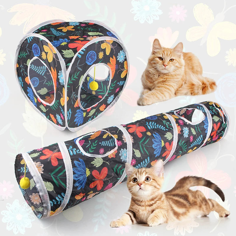 Funny Cat Toy Foldable Cat Channel Personalized Flowers Printed Pet Tunnel Toys Kitten Interactive Chase Toy Pet Supplies - Jimmys Supplies