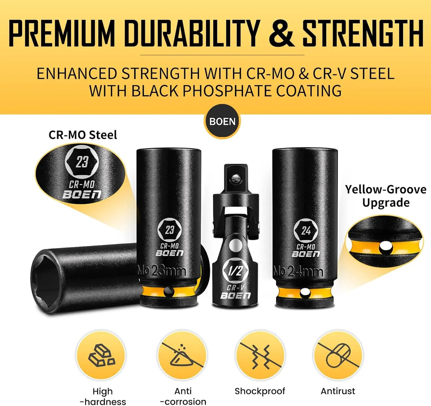 BOEN Pro 1/2 Drive Metric Deep Impact Socket Set 21-Piece CR-MO & CR-V Steel - Jimmys Supplies
