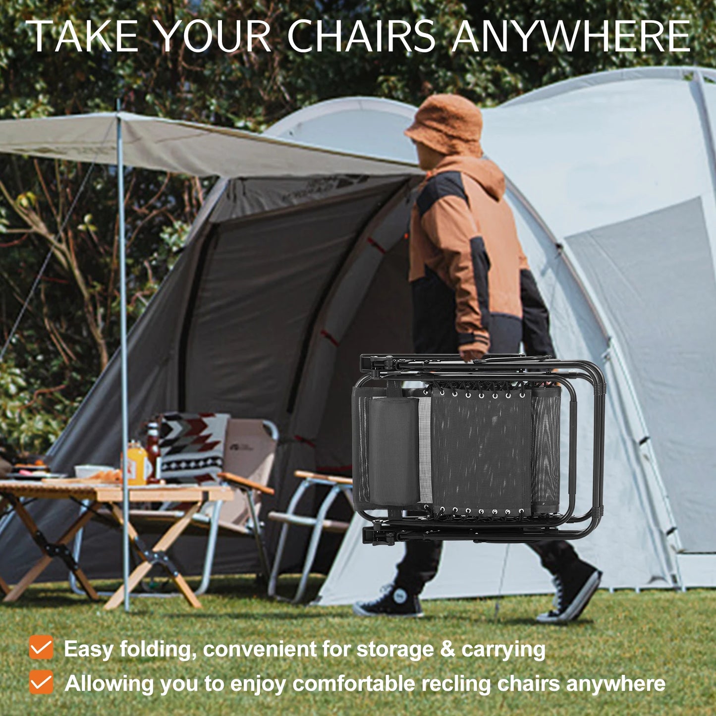 JHK Zero Gravity Set of 2 Portable Recliner Camping Patio Outdoor Garden Lounge Chair with Cup Holder Trays Adjustable Pillow - Jimmys Supplies