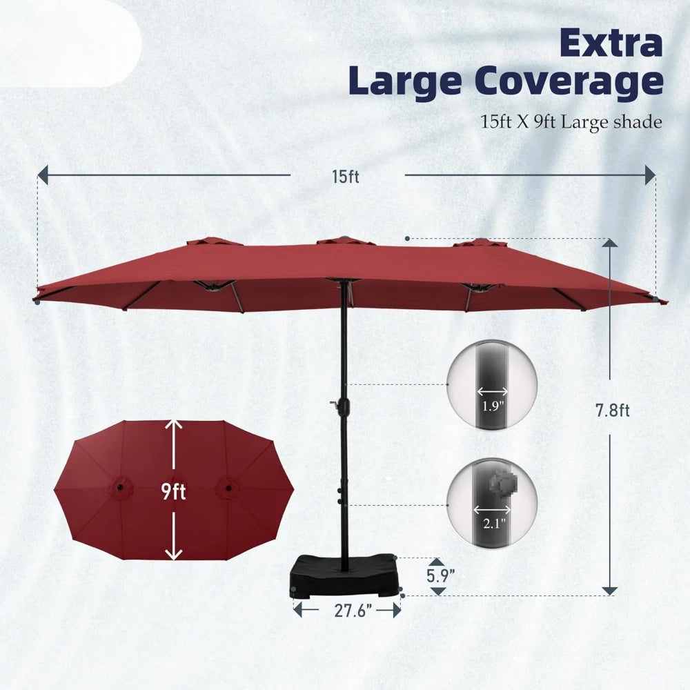 15ft Double Sided Patio Umbrella with Base Included, Outdoor Large Rectangular Market Umbrellas with Crank Handle - Jimmys Supplies