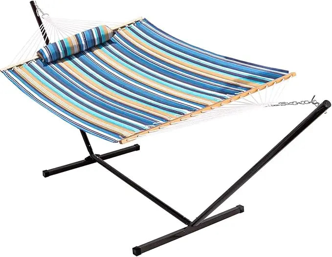 Quilted Fabric Hammock with 12 Feet Stand Double Hammock for Two People Outdoor Indoor Patio Garden - Jimmys Supplies