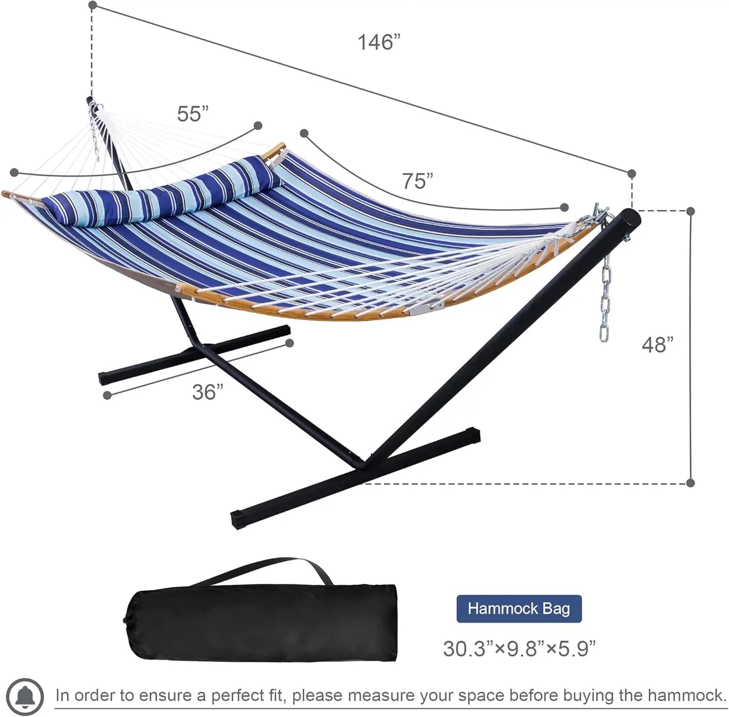 2 Person Hammock Freestanding with Curved Spreader Bar, Large Hammocks for Outside with Pillow and Portable Bag,