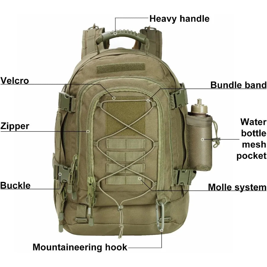 Large Tactical Backpack for Men Military Backpack with DIY System for Travel Work Camping Hunting Hiking Sports GREEN