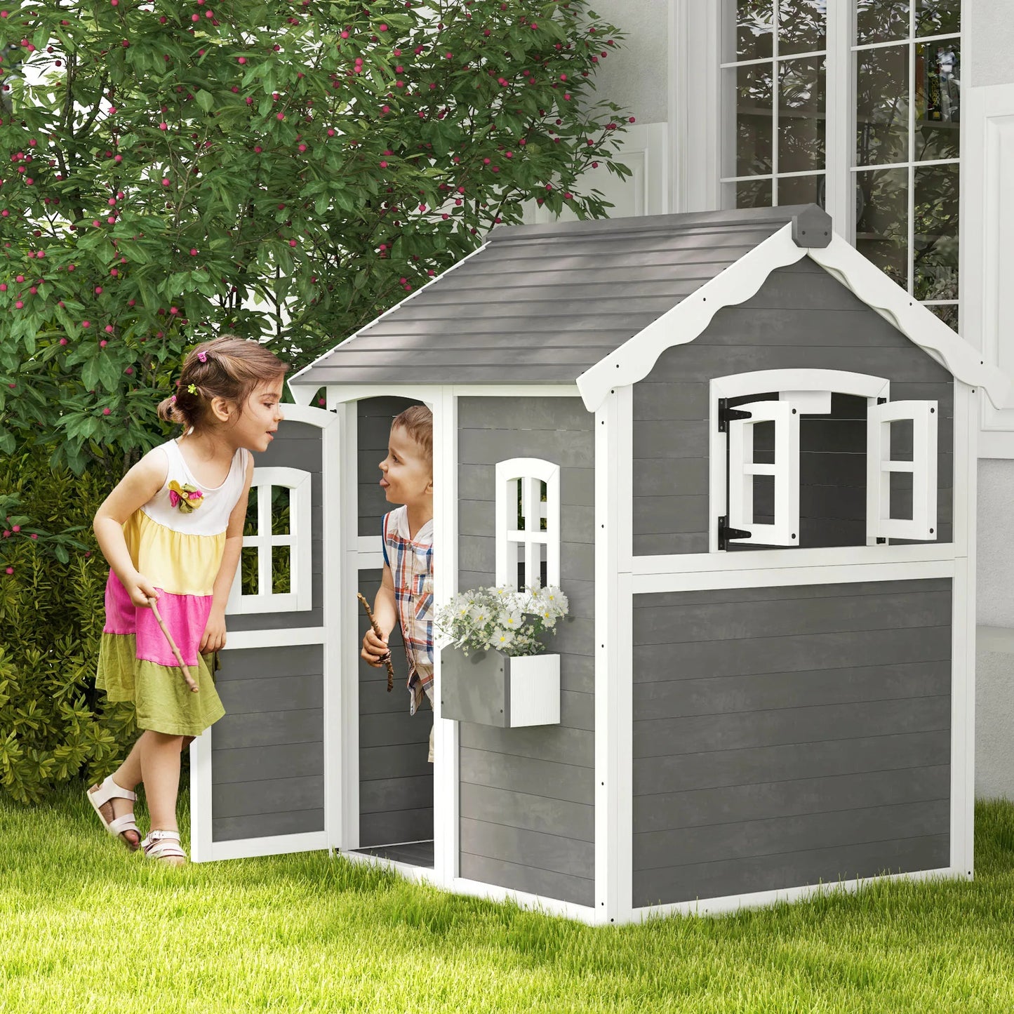 Outsunny Playhouse for Kids, Backyard Wooden Cottage - Jimmys Supplies