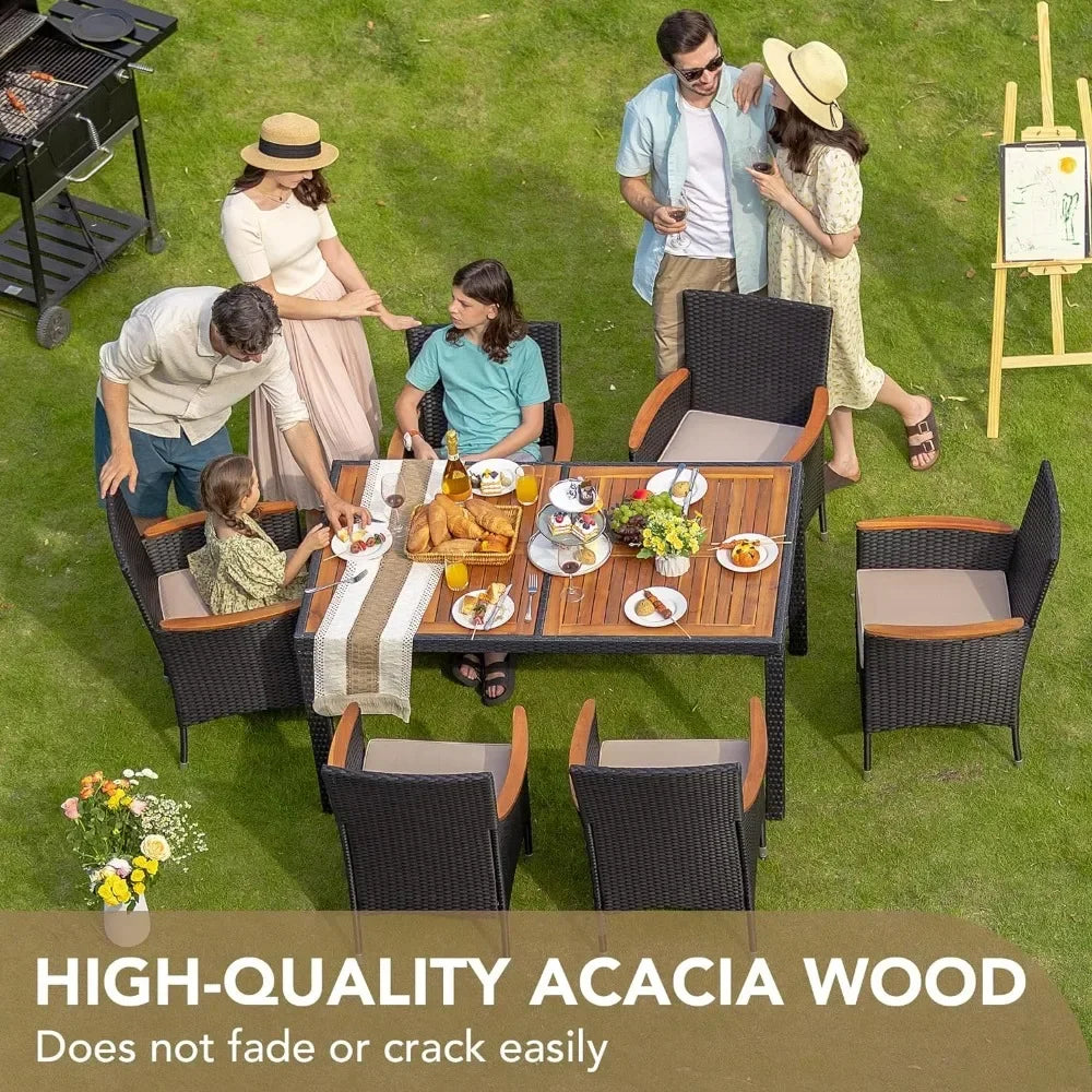 Dining 7 PCS Furniture, Patio Conversation Set with Acacia Wood Table Top, Rattan Outdoor - Jimmys Supplies
