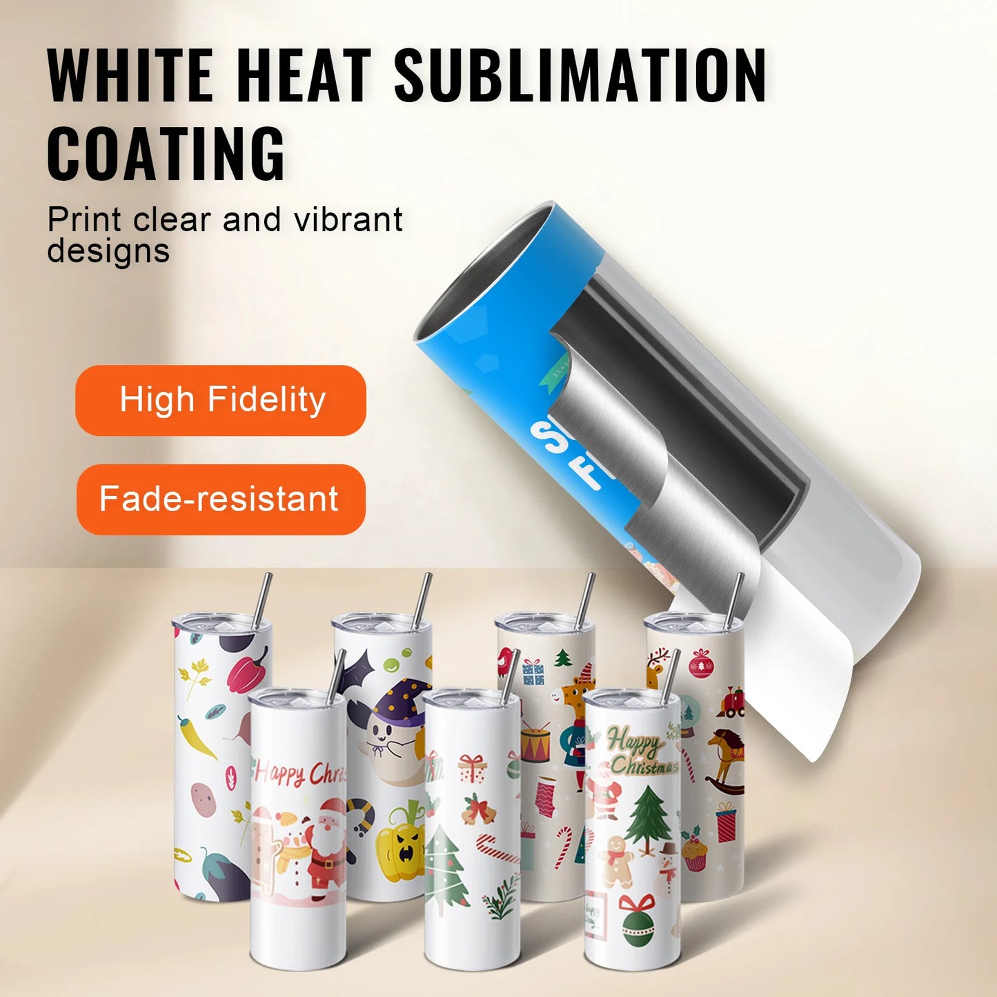 VEVOR 8/12/14/16/24/50PC Straight Sublimation Tumblers Blank Tumbler Bulk Stainless Steel Double Wall Tumbler Cups Heat Transfer