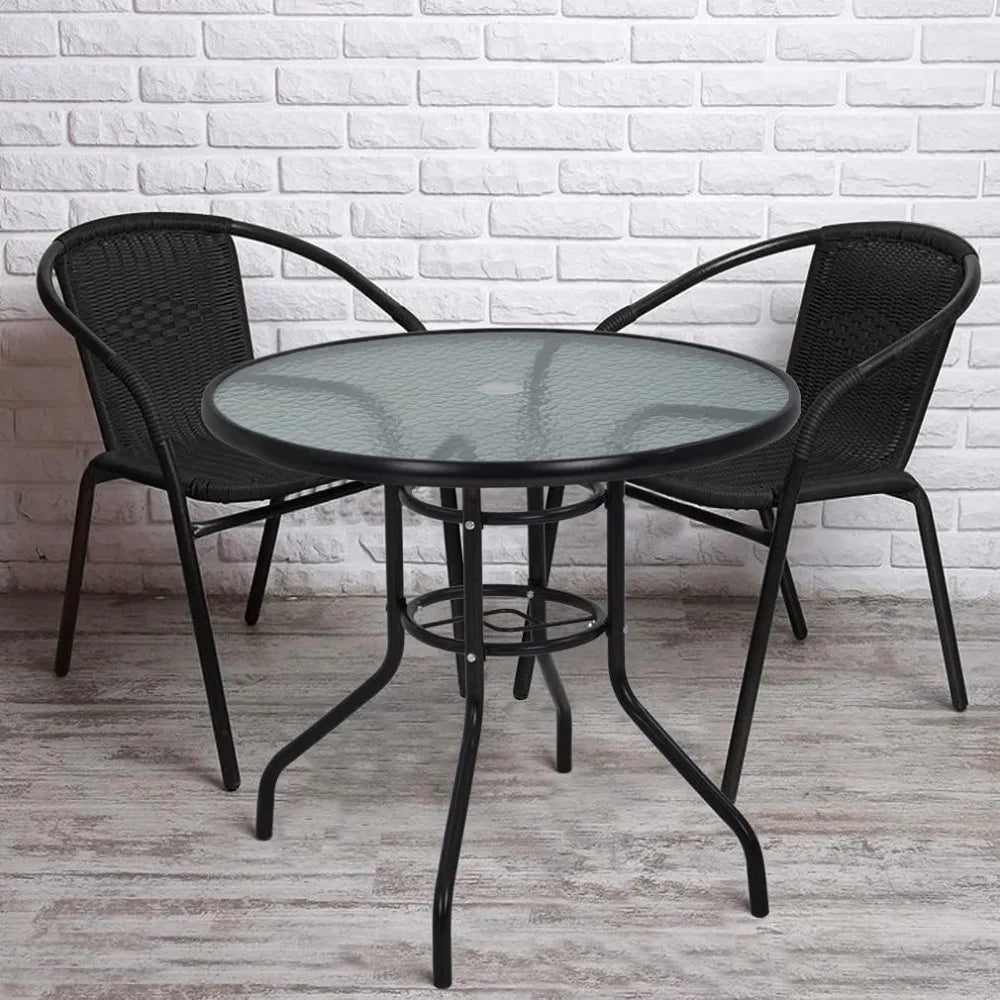 Round Outdoor Dining Table with Tempered Glass Top and Umbrella Hole for Patio, Lawn, and Balcony