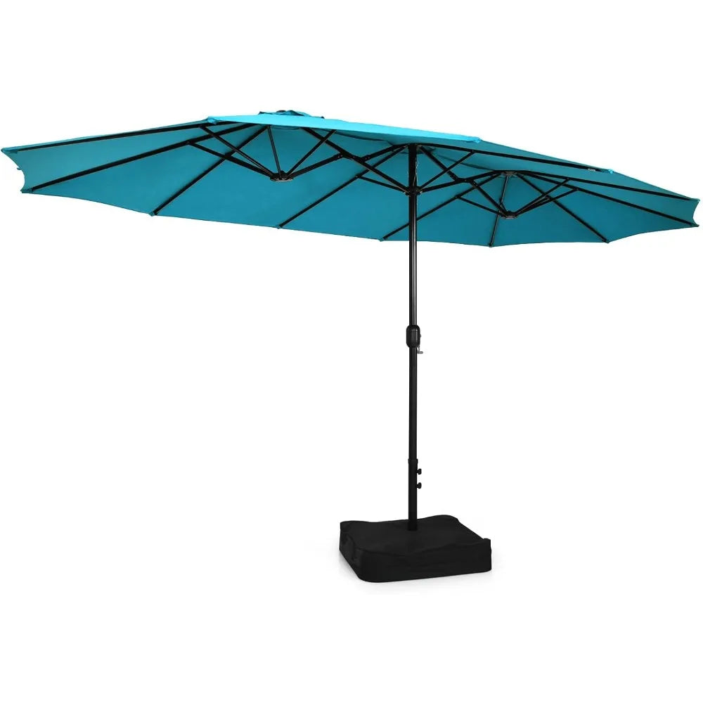 15FT Double-Sided Patio Umbrella with Base, Extra-Large Market Umbrella W/Crank System, Outdoor Twin Umbrella