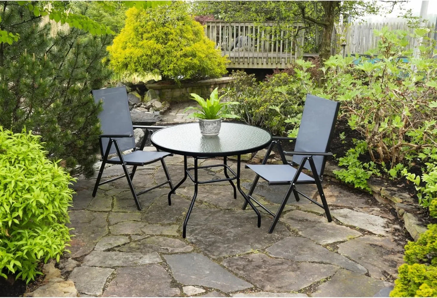 Garden Elements Outdoor Steel Dining Table Patio Furniture, Round Waterwave Glass Top, Black, 40" - Jimmys Supplies
