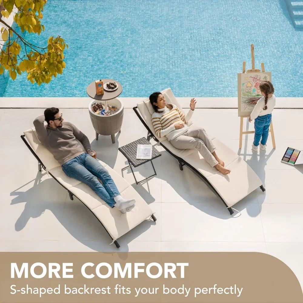 Patio Chaise Lounge Sets Outdoor Rattan Adjustable Back 3 Pieces Cushioned Patio Folding Chaise Lounge with Folding Table - Jimmys Supplies