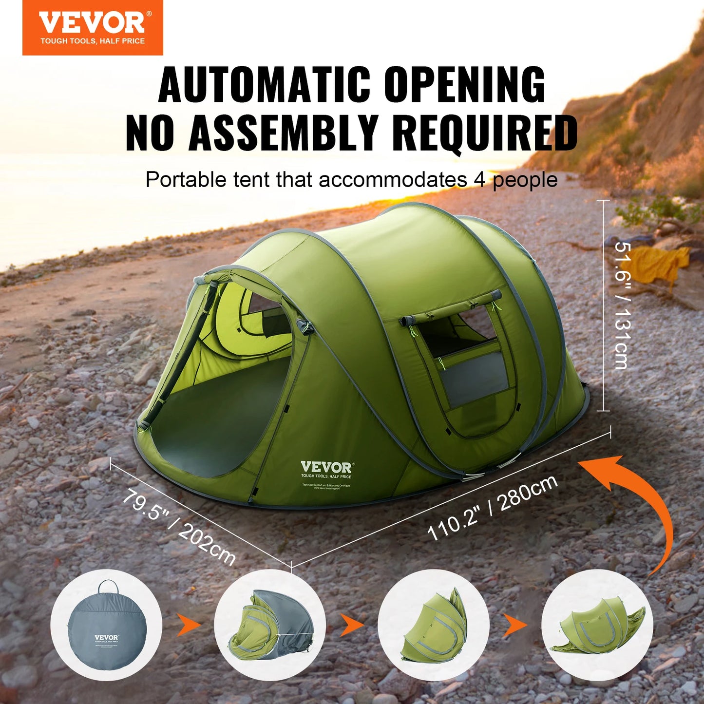 VEVOR Camping Tent Pop Up Tent for 4 Person Easy Setup Waterproof Backpacking Tent with Door & Window for Outdoor Family Camping