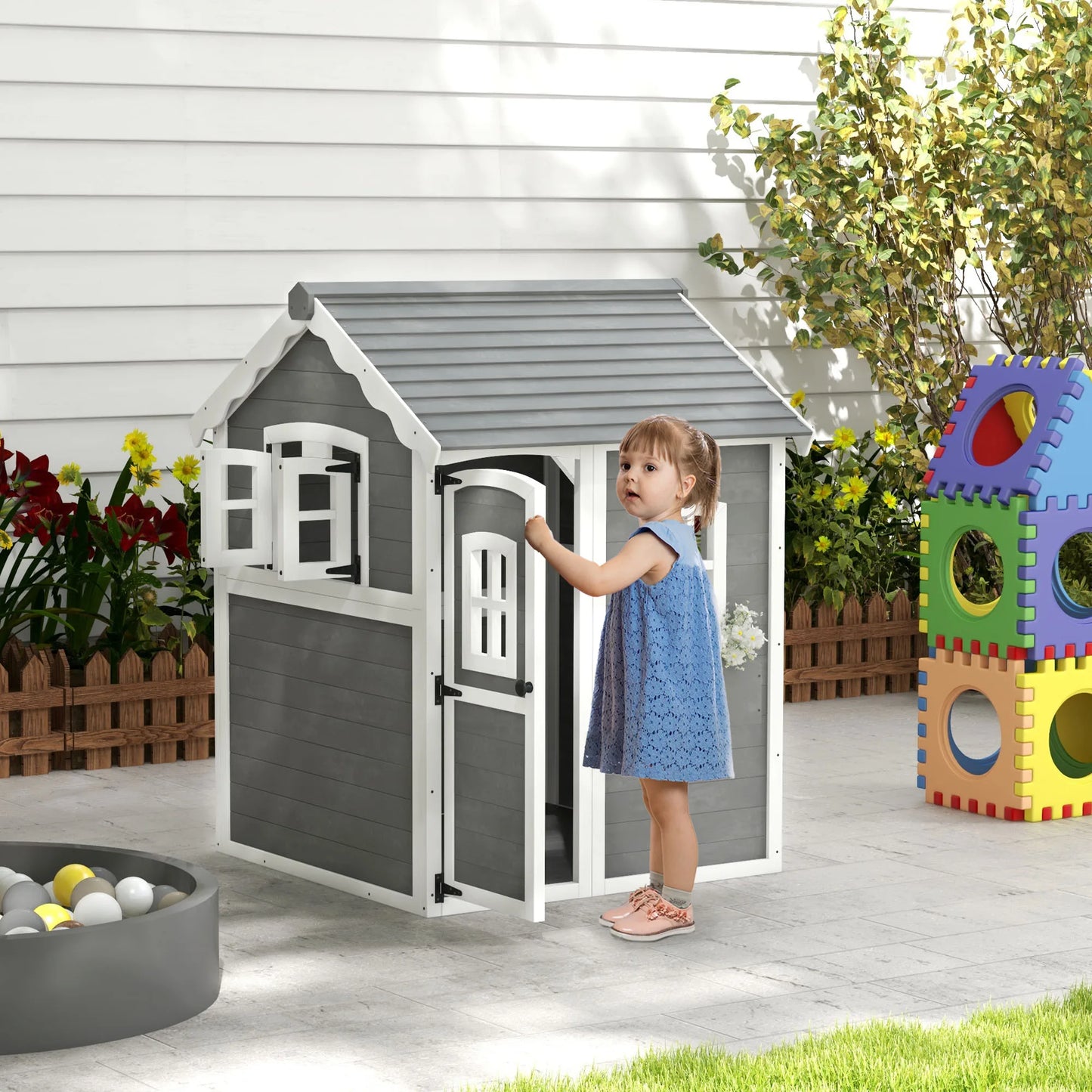 Outsunny Playhouse for Kids, Backyard Wooden Cottage - Jimmys Supplies