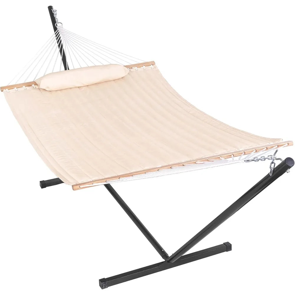 Quilted Fabric Hammock with 12 Feet Stand Double Hammock for Two People Outdoor Indoor Patio Garden - Jimmys Supplies