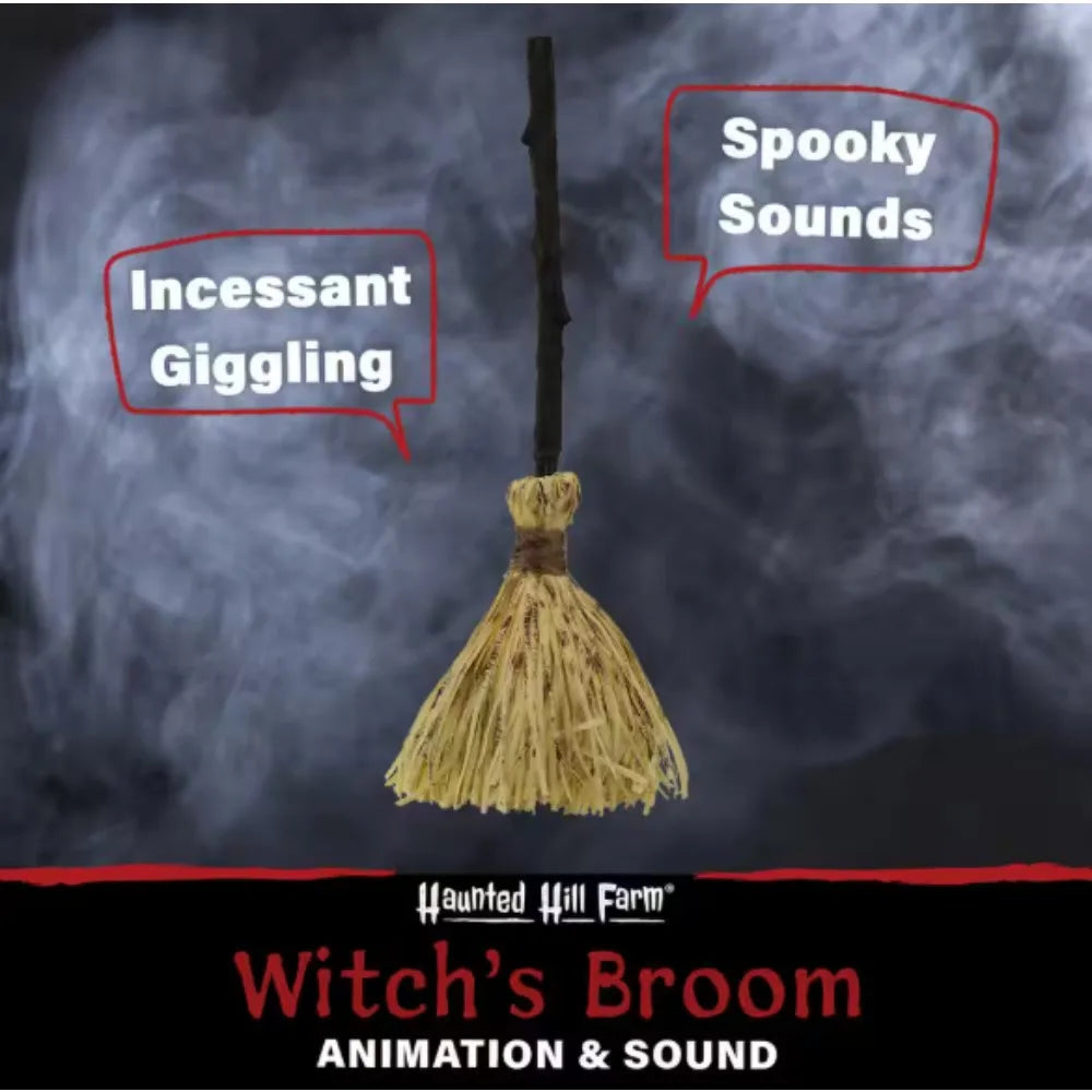 Animated Witch's Broomstick with Sound and Movement, moves along the floor to spooky noises and incessant giggling