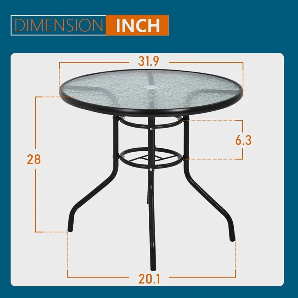 Round Outdoor Dining Table with Tempered Glass Top and Umbrella Hole for Patio, Lawn, and Balcony