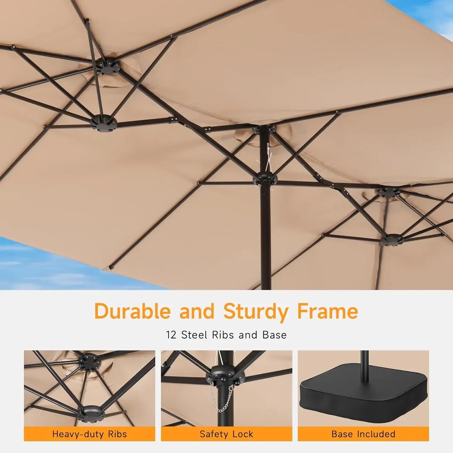 15ft Patio Umbrella with Base Included, Extra Large Shade Area, Double Sided Rectangle with Crank Handle for Poolside, Garden