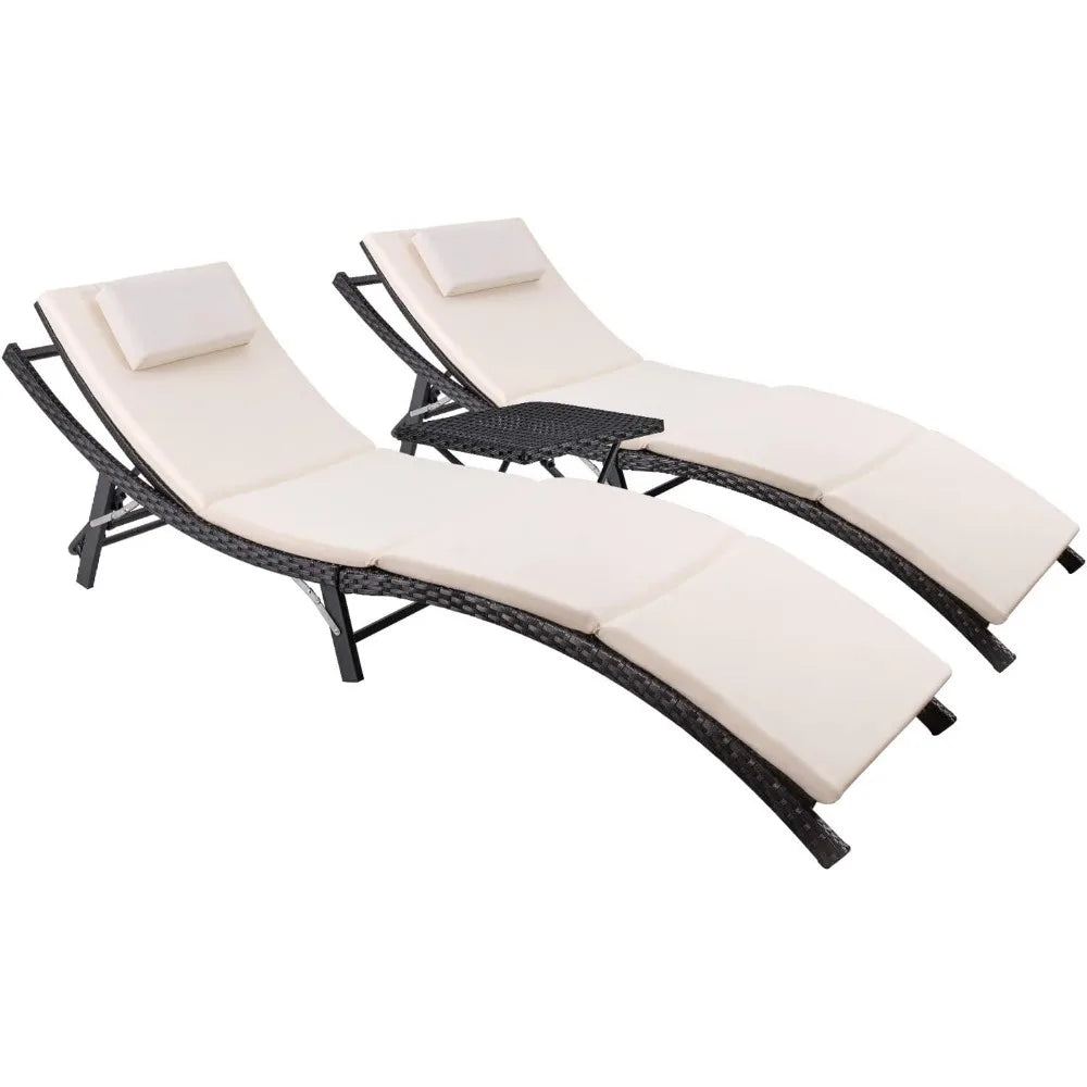 Patio Chaise Lounge Sets Outdoor Rattan Adjustable Back Cushioned Patio Folding Chaise Lounge with Folding Table - Jimmys Supplies