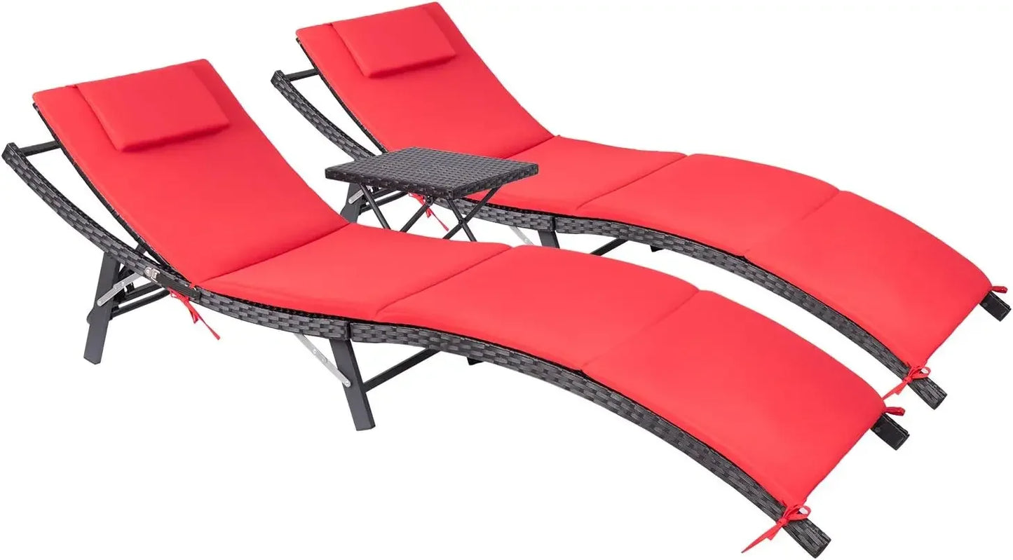 Patio Chaise Lounge Sets Outdoor Rattan Adjustable Back 3 Pieces Cushioned Patio Folding Chaise Lounge with Folding Table - Jimmys Supplies