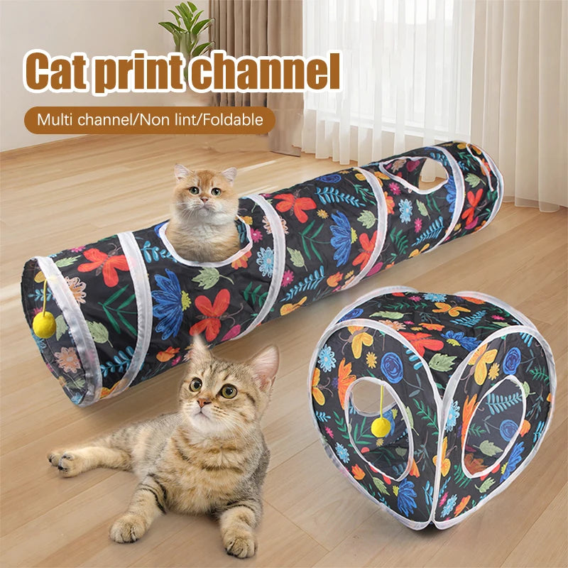 Funny Cat Toy Foldable Cat Channel Personalized Flowers Printed Pet Tunnel Toys Kitten Interactive Chase Toy Pet Supplies - Jimmys Supplies