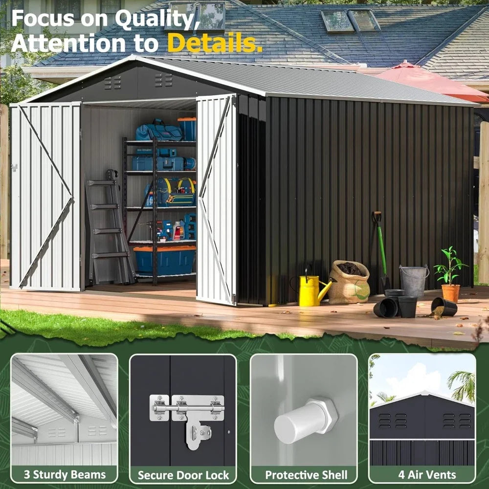 10x10 FT Outdoor Storage Shed with Lockable Doors Grey - Jimmys Supplies