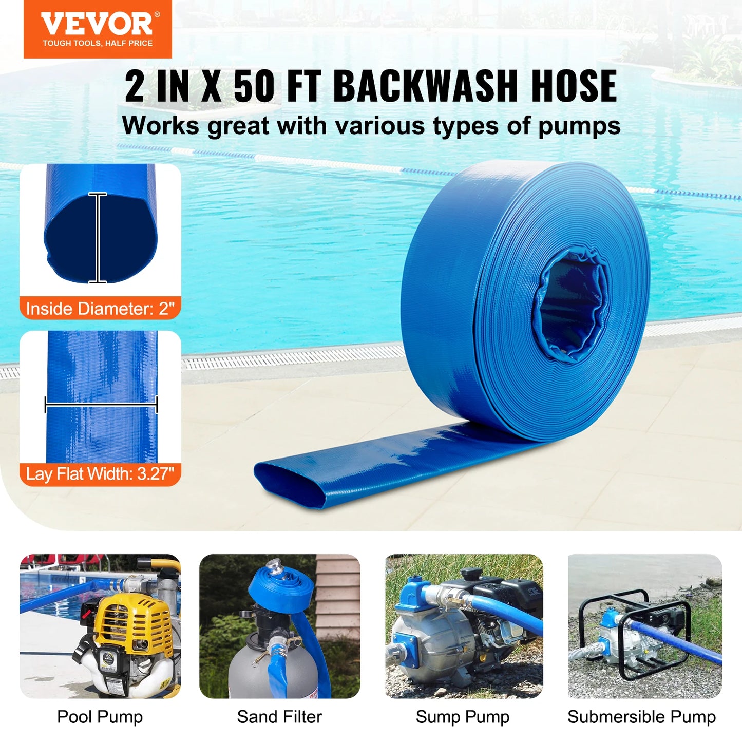 SucceBuy Pool Drain Hose 2 inch by 50ft Durable PVC Material Clamps Fits Pumps Sand Filters Ideal for Pool Water Removal