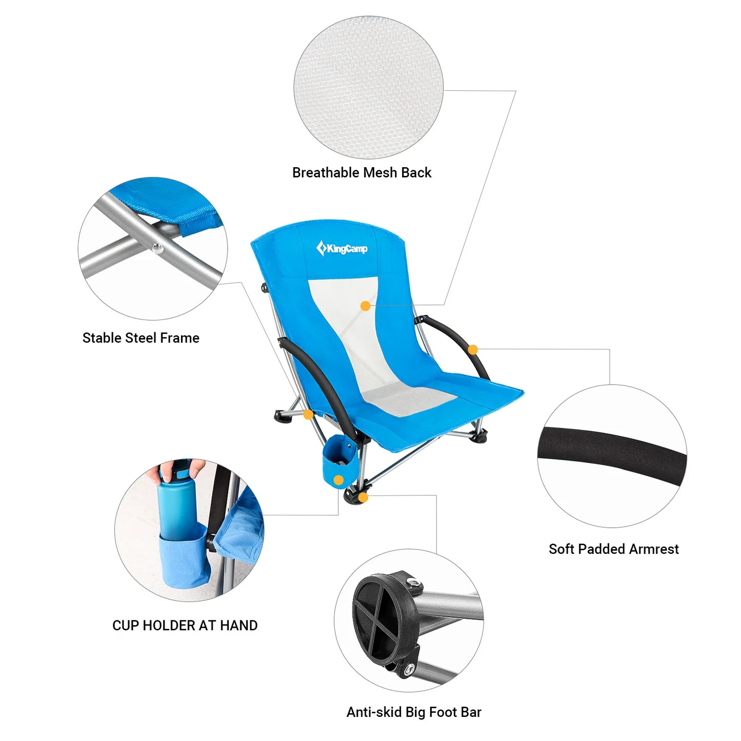 KingCamp 2 Low Seat Beach Chair Folding Chairs, Camping Concert, with Armrests and Cup Holder - Jimmys Supplies