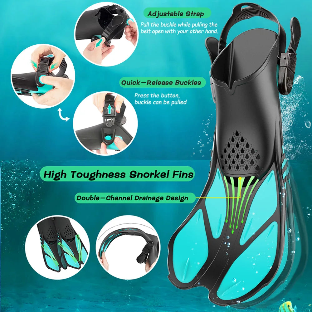 Adjustable Snorkel Fins with Buckles Short Silicone Swimming Flippers Open Heel Travel Size for Adults Men and Women - Jimmys Supplies