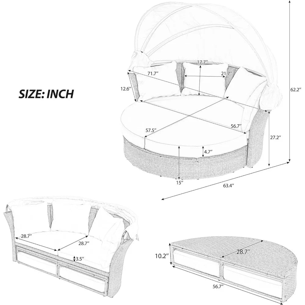 Outdoor Canopy Bed Patio Daybed with 4 Pillows, Wicker Rattan Double Daybed Round Sofa Furniture Set with Retractable Canopy