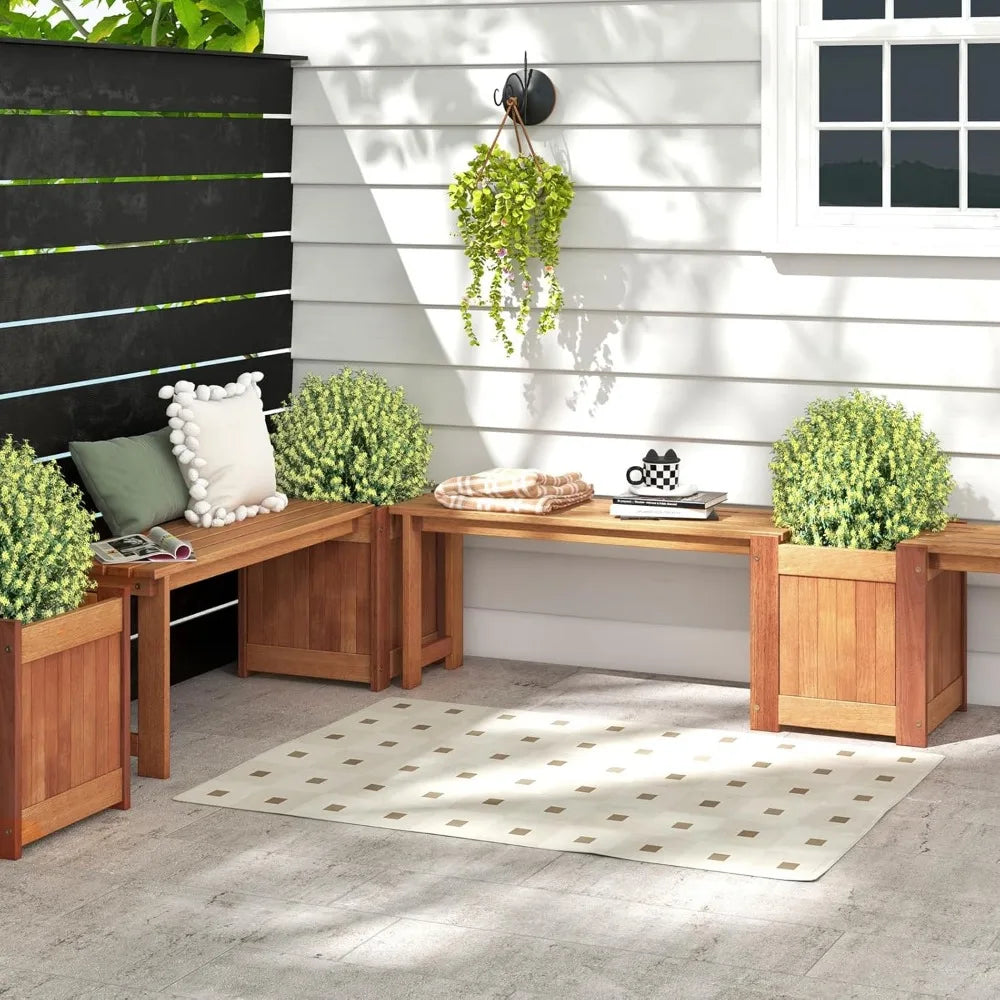 Set of 2 Outdoor Bench with Raised Garden Beds, 4-in-1 Wood Seat with Teak Oil Finish, Planter Boxes with Open-Ended Base, Gard