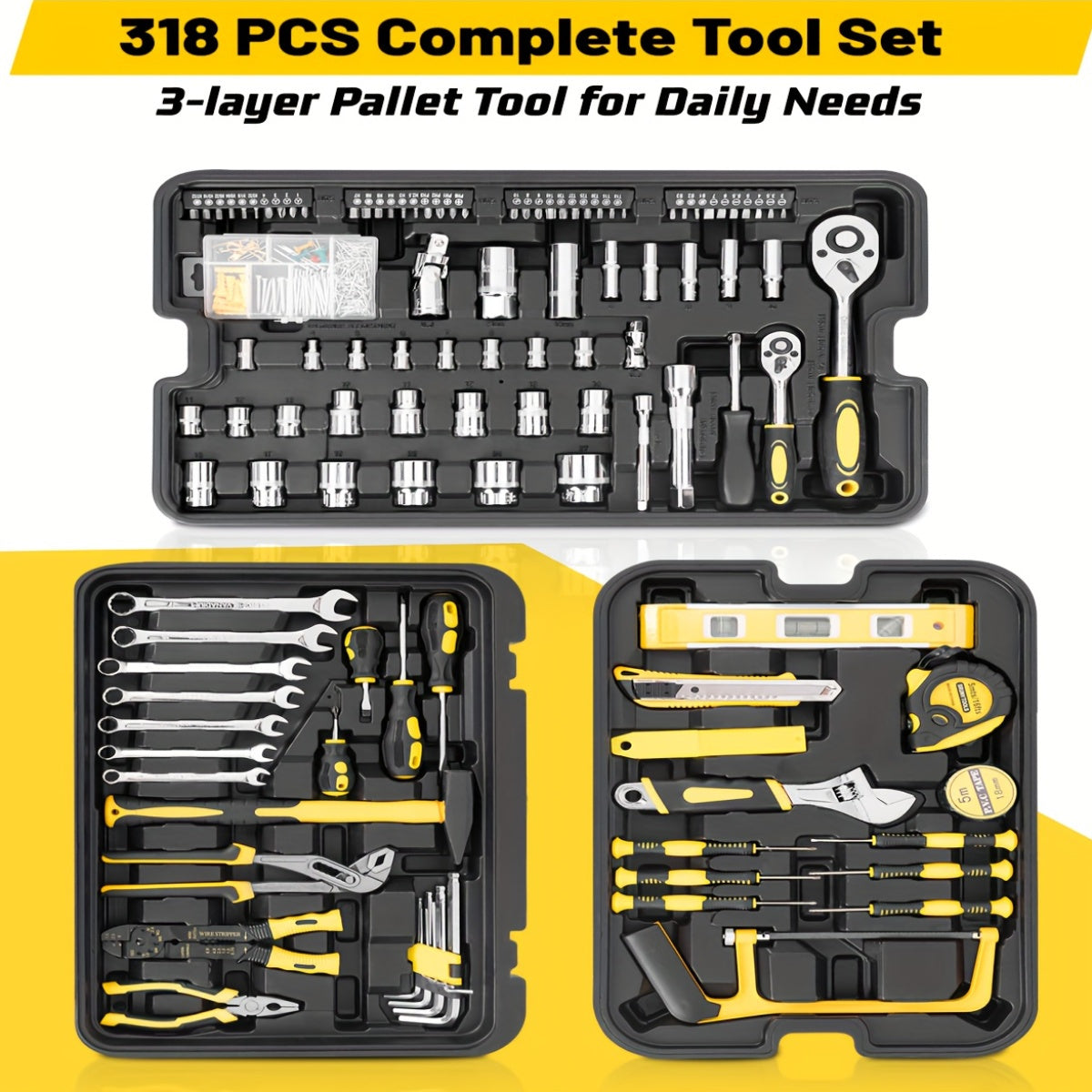 318 Pieces Tool Set With Wheels Hand Tool Set Home Repair Tool Kit 3 Tier Tool Sets For Men And Women Professional Repair And Maintenance Tools - Jimmys Supplies
