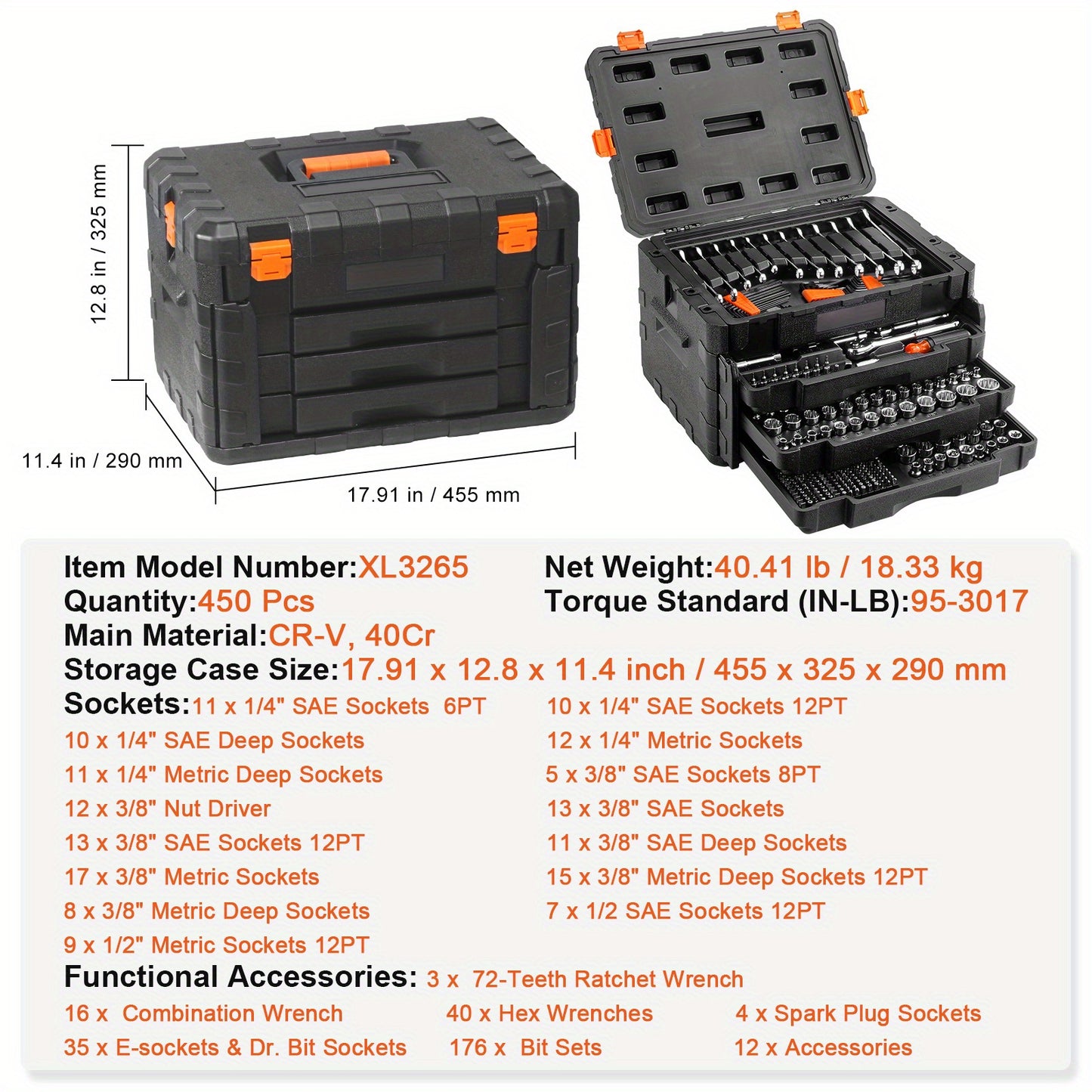 450 Pieces Mechanics Tool Set 1/4 Inch 3/8 Inch 1/2 Inch Drive SAE and Metric Kit Happybuy Socket Set with Deep and Standard Sockets Bits Hex Wrenches Combo Wrench Accessories Storage Case - Jimmys Supplies