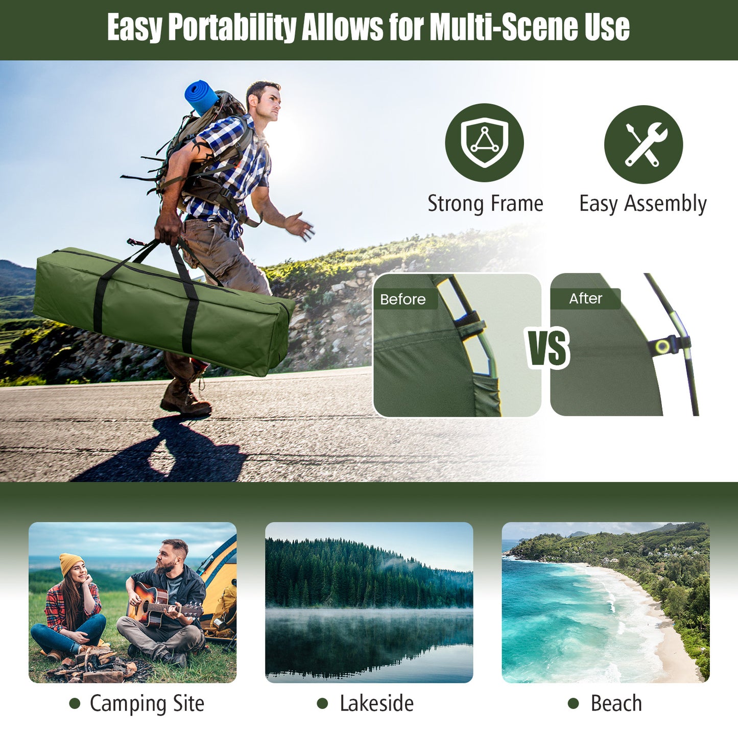 GYMAX 5-in-1 Portable Camping Tent Cot with Air Mattress Pillow Sleeping Bag Elevated Outdoor Shelter for One Person - Jimmys Supplies