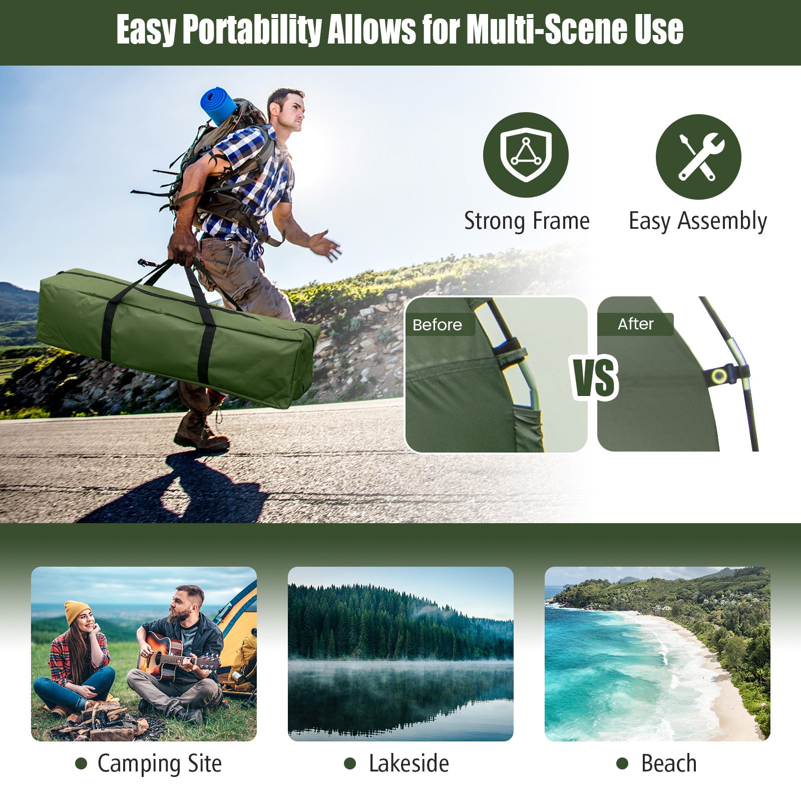 GYMAX 5-in-1 Portable Camping Tent Cot with Air Mattress Pillow Sleeping Bag Elevated Outdoor Shelter for One Person - Jimmys Supplies