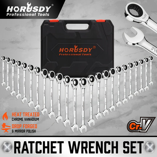 Horusdy 24 Piece Ratcheting Wrench Set Metric And SAE Ratchet Combination Wrenches Set with Organizer 72 Teeth Chrome Vanadium Steel 6 to 18 Millimeter and 1/4 to 3/4 Inch - Jimmys Supplies