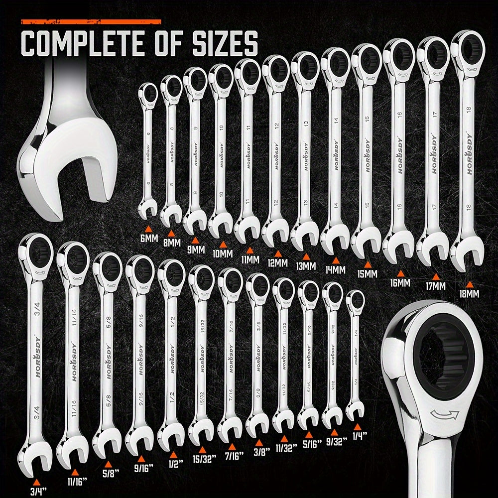 Horusdy 24 Piece Ratcheting Wrench Set Metric And SAE Ratchet Combination Wrenches Set with Organizer 72 Teeth Chrome Vanadium Steel 6 to 18 Millimeter and 1/4 to 3/4 Inch - Jimmys Supplies