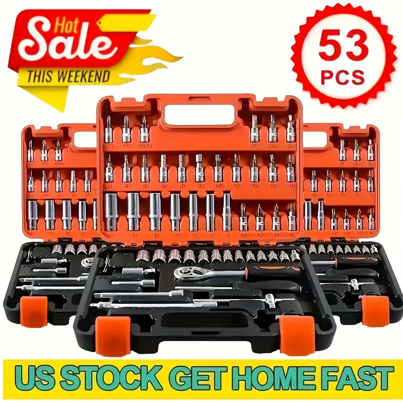 53 Piece 216 Piece Cr-V Impact Socket Set 3/8 Inch Drive 6 Point Design SAE 5/16 Inch to 3/4 Inch and Metric 8 to 22mm Sizes Includes Ratchet Handle Extension Bar Joint and Gloves - Jimmys Supplies