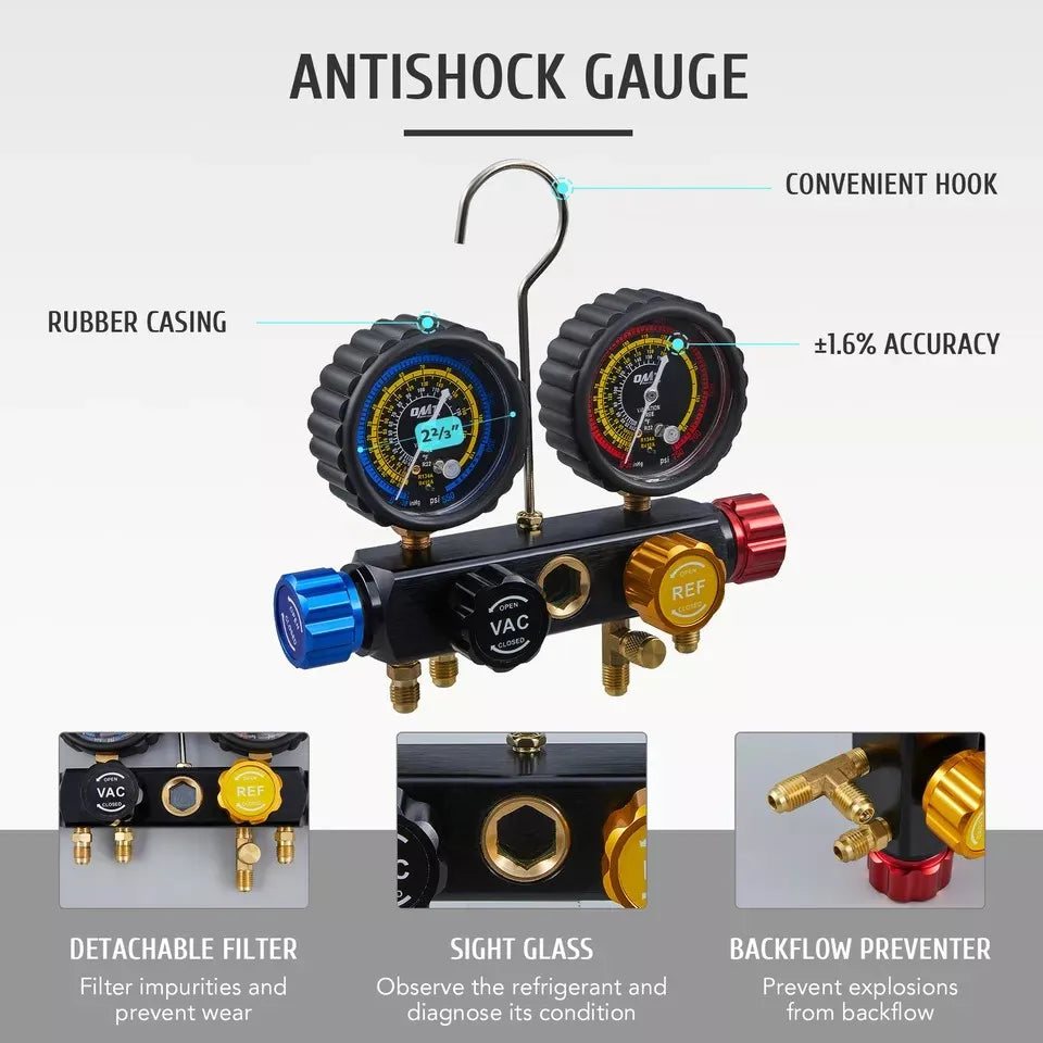 OMT 4 Way AC Gauge Set Professional A/C Manifold Gauge Kit - Jimmys Supplies