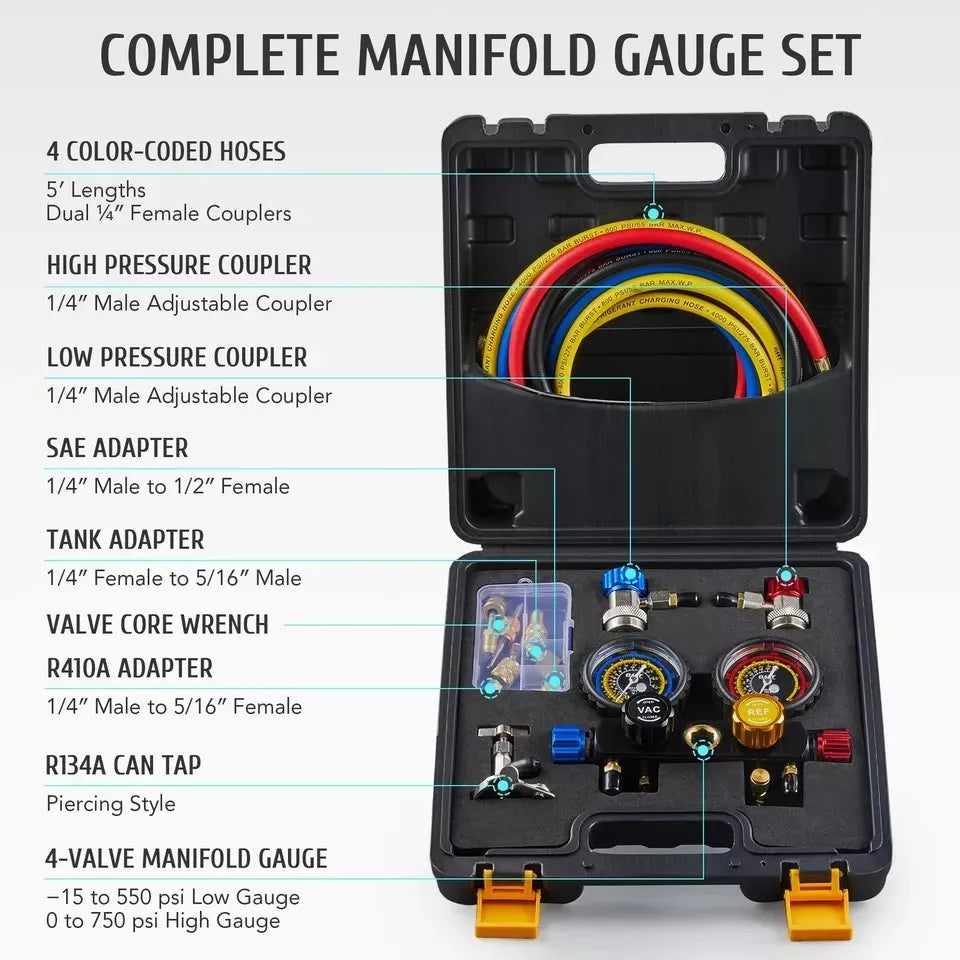 OMT 4 Way AC Gauge Set Professional A/C Manifold Gauge Kit - Jimmys Supplies