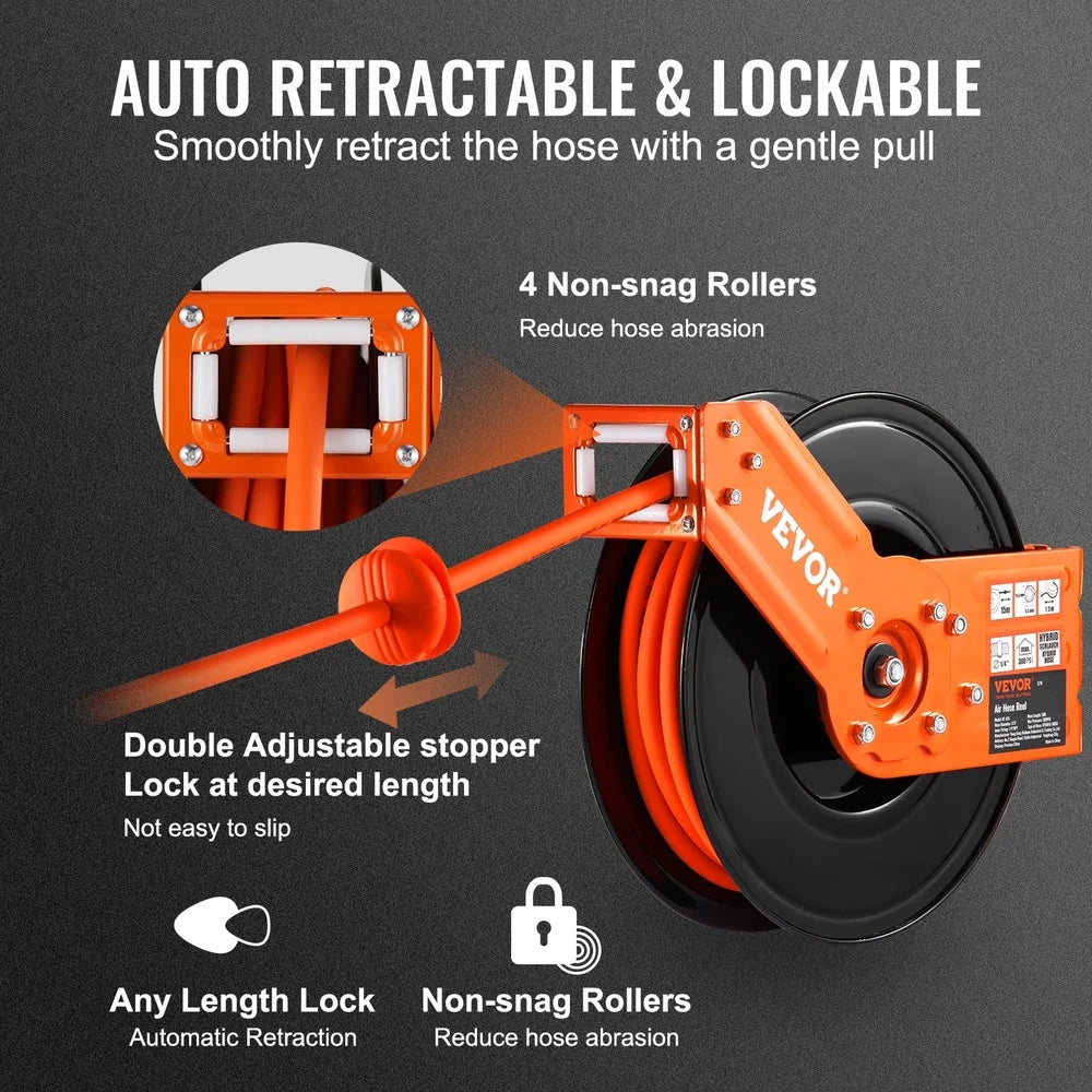 Retractable Air Hose Reel 3/8in x 50ft 300PSI Auto-Rewind with 180° Mount Garage Workshop Air Compressor Heavy Duty