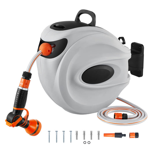 SucceBuy Retractable Hose Reel1/2 inch 180° Swivel Bracket Wall-Mounted Garden Water Hose Reel with 9-Pattern Nozzle and 3 Fast - Jimmys Supplies