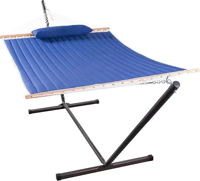 Quilted Fabric Hammock with 12 Feet Stand Double Hammock for Two People Indoor Outdoor Patio Garden - Jimmys Supplies