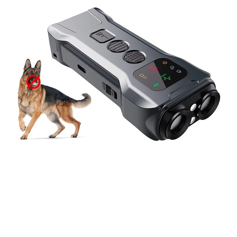 The new ultrasonic dog repeller has a screen bark stopper illumination, a flashing light, and a distress light