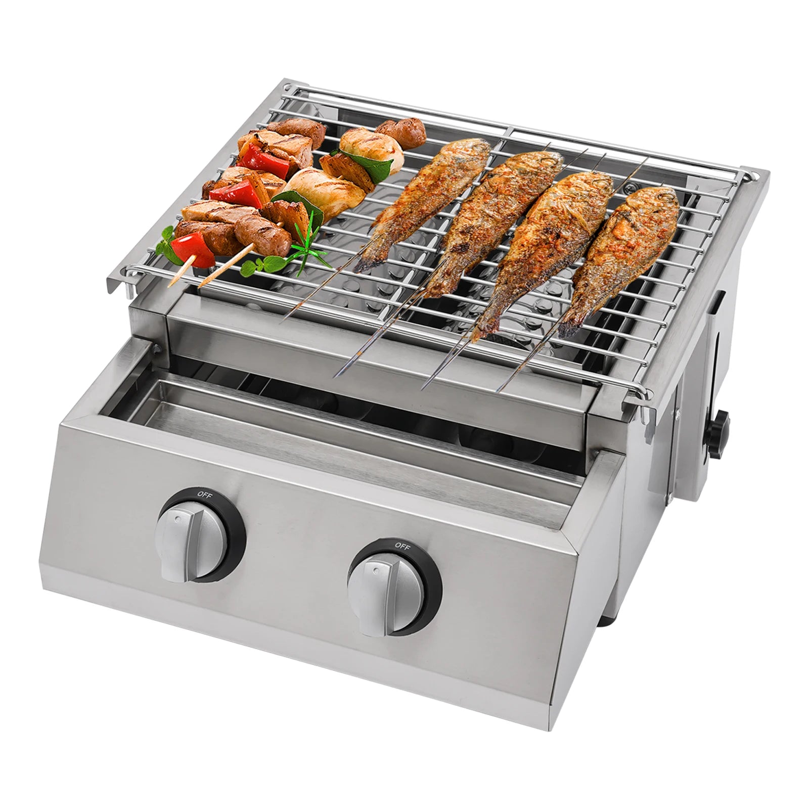 Camping BBQ Tabletop 2 Burner Gas Grill Outdoor Steel Shield Stainless Steel - Jimmys Supplies