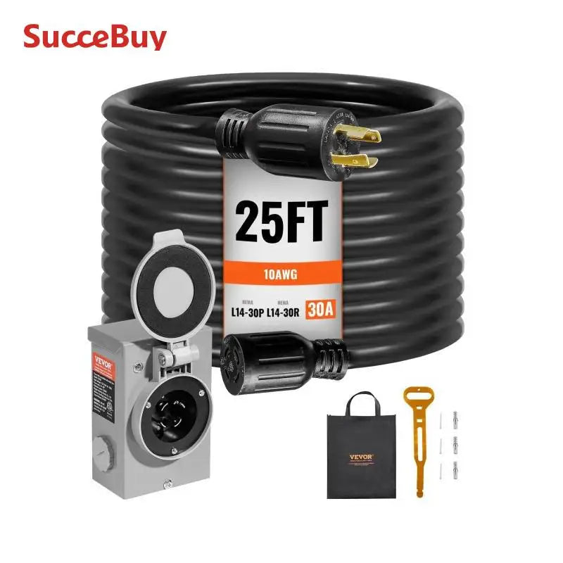 SucceBuy 30 Amp Generator Cord and Power Inlet Box Kit NEMA L14-30P/L14-30R STW 10AWG Cord with Lock Connector for RV Outdoor